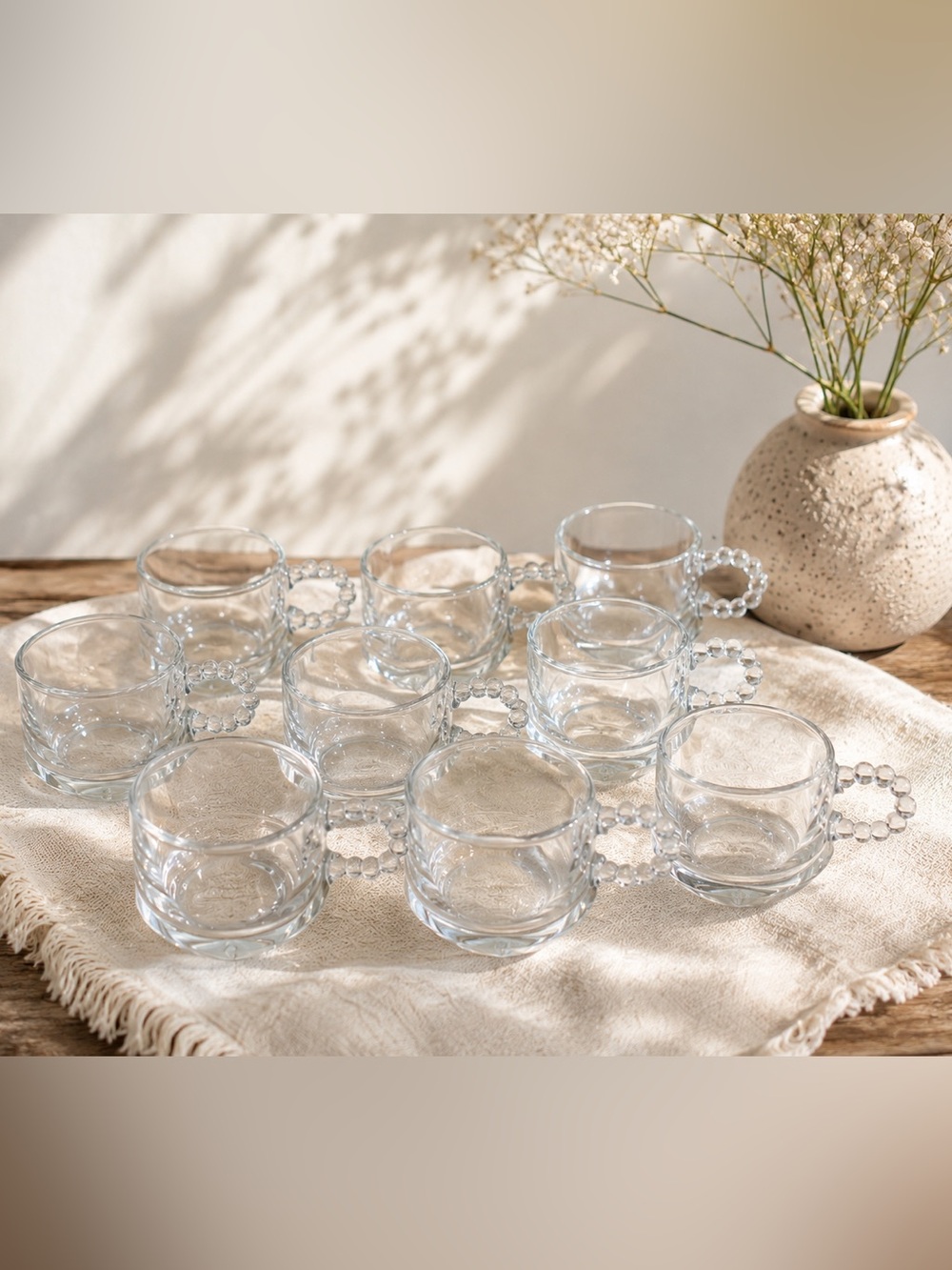 Vintage Hazel Atlas Glass Cups Set: Beaded Handles, 1950s (set of 8)
